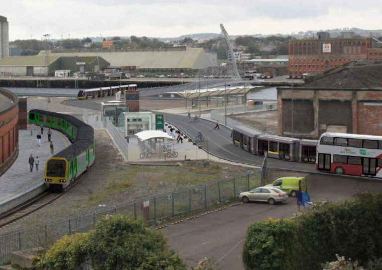 Artist’s impression of a potential multi-modal transport interchange at Kent Station, including a light rail bridge across the River Lee