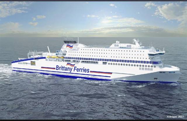 Brittany Ferries has ordered a newbuild cruiseferry to be named Honfleur that will operate on the English Channel. The shipyard FSG is also the same German company currently constructing ICG/Irish Ferries new cruiseferry due by mid-2018. 