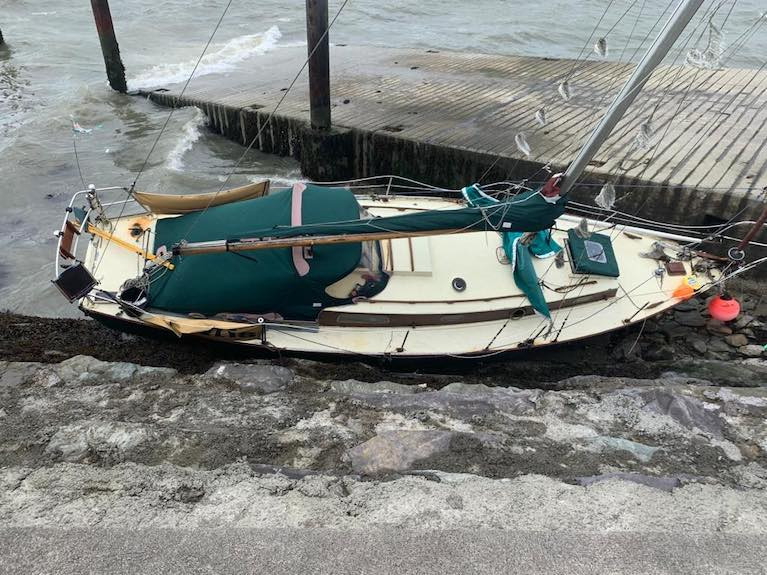 A yacht aground in Baltimore, West Cork during Storm Francis