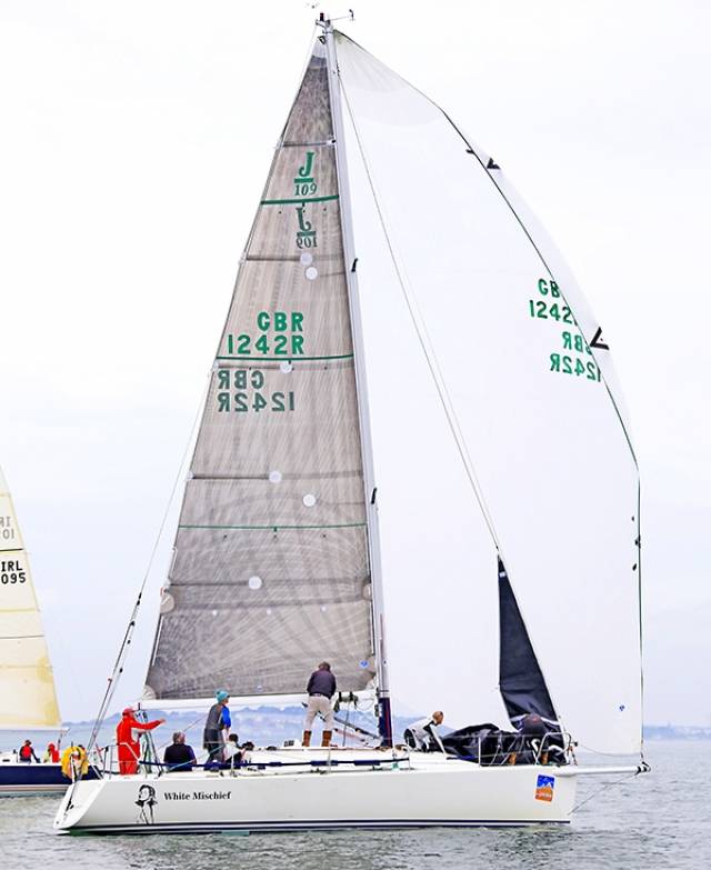 Off to a flying start. Tim & Richard Goodbody’s first major campaign with their new J/109 White Mischief saw them in top form in yesterday’s first two races of the ICRA Nats at Howth in Class 1, in which eleven J/109s are competing.