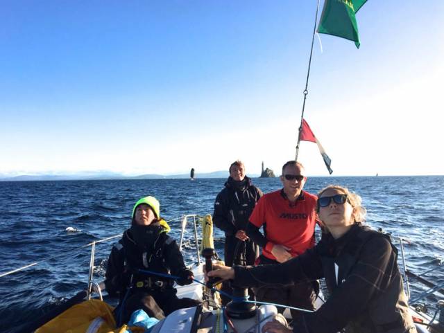 The magic moment The Irish National Sailing Sschool’s J/109 Jedi with the Fastnet Rock put astern this morning. They rounded at 07:29hrs