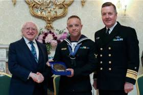 President Michael D Higgins and Vice Admiral Mark Mellett presented Able Mechanician Ryan O’Driscoll with the The Respect award at Aras an Uachtarain