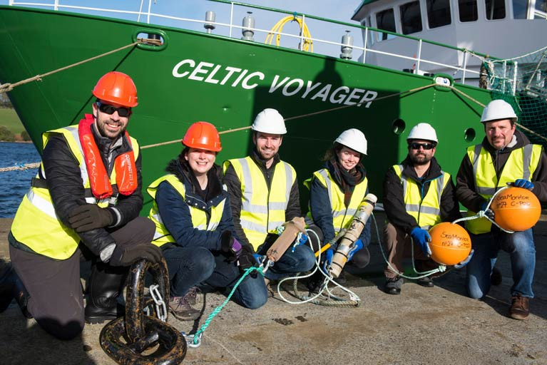 Marine researcheStaff from the SeaMonitor project getting ready to deploy equipment on the Marine Institute’s RV Celtic Explorer prior to lockdown. From left: Diego del Villar and Caroline Finlay (Loughs Agency), Nathan Glenn (Ocean Tracking Network), Morgane Pommier (Galway-Mayo Institute of Technology), Joseph Pratt (Ocean Tracking Network) and Ross McGill (Loughs Agency)