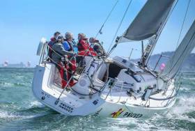 The spirit of Dublin Bay – the J/109 Powder Monkey sailed by current DBSC Commodore (and former NYC Commodore) Chris Moore. The J/109s will have some of the closest racing in today’s National Yacht Club Regatta