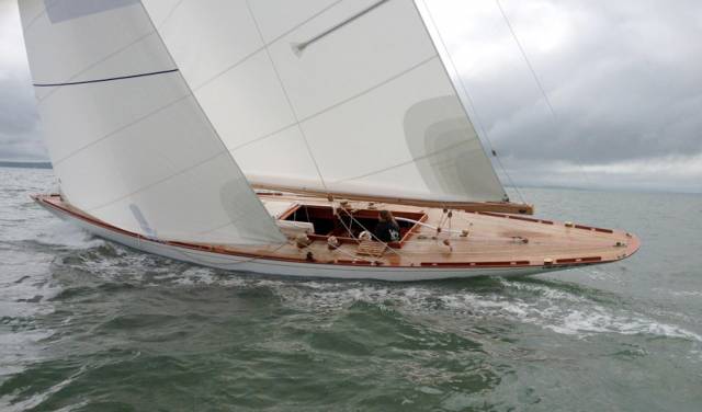 Alison Clarke sailing the 8m classic yacht Falcon, back in her days with Fairlie Yachts in Hamble