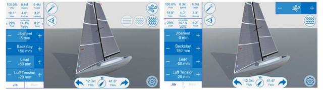 North Sails Sail Trim Simulator: In both screens, the J/35 is sailing at a little over 12 knots. In the upper right-hand corner, you have adjustments for wind speed and sea-state