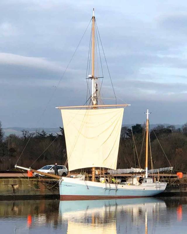 The jaunty look. Miraculous mid-winter calm for the first setting of Ilen’s new squaresail in the dock at Limerick