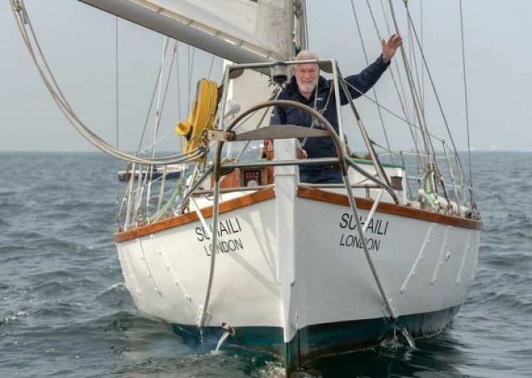 Sir Robin Knox-Johnston in April 2019 recreating his arrival in Falmouth 50 years to the date he completed the Golden Globe Race