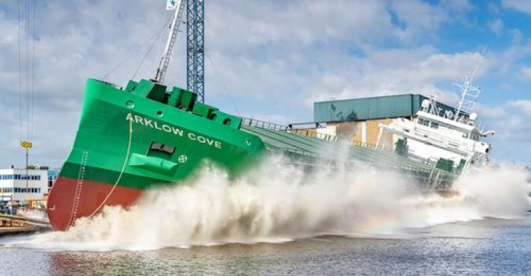 Ship Splash as C class coaster Arklow Cove took to the water with a launch at the weekend. The newbuild will join fleetmates that trade in cargoes among them grain. 