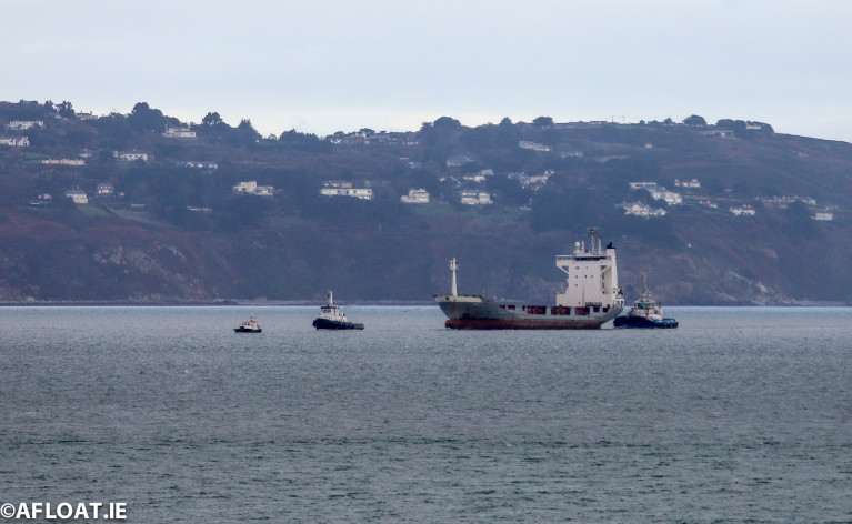 Containership Anna G is towed by a pair of tugs when arriving in Dublin Bay yesterday following a passage from Warrenpoint, Carlingford Lough to Dun Laoghaire Harbour.  Note ahead of Mourne Venture off the bow, a Dublin Port pilot cutter. 