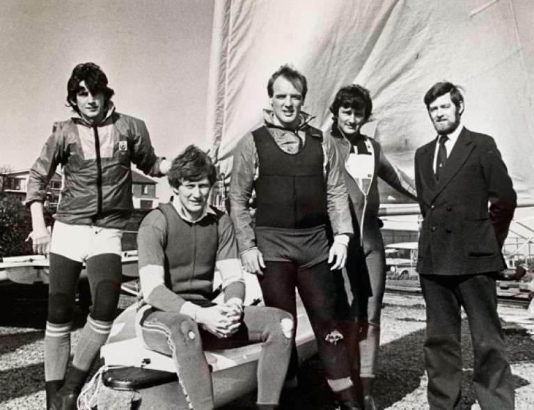 &quot;Warriors About to Go into Battle&quot;. This properly serious-looking foursome from the cream of the 1982 Irish Laser Class, with their mentor Ron Huthcieson on right, are (left to right) Simon Brien (later multiple Edinburgh Cup winner and other majors), multiple champion Charlie Taylor (still at it in the Laser Masters), Olympian Bill O&#039;Hara, and Dave Cummins, All-Ireland Helmsmans Champion 1981 and 1982