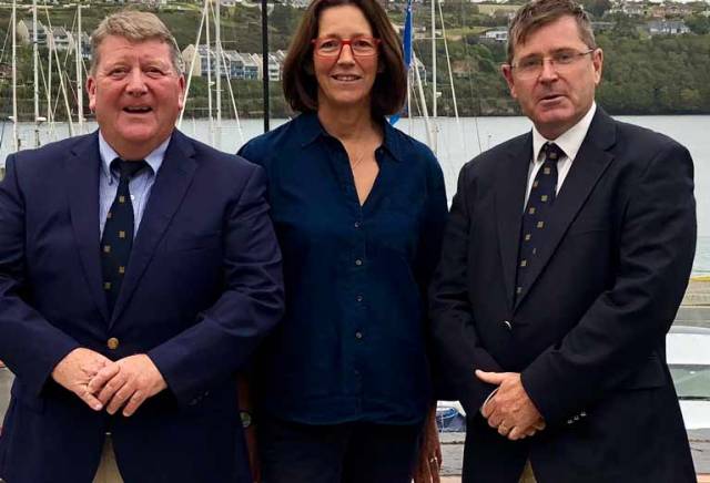 Kinsale Yacht Club Commodore Dave Sullivan (left), Regatta Director Ruth Ennis and Vice-Ccommodore Michael Walsh at the launch of #Squib2020Kinsale