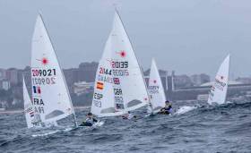 Finn Lynch among a group of Lasers at the first day of the Sailing World Cup Final in Santander
