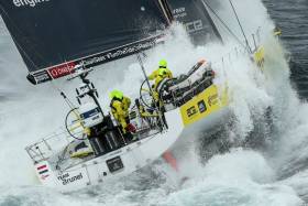 Team Brunel are battling to keep MAPFRE astern and take the Leg 10 victory tonight