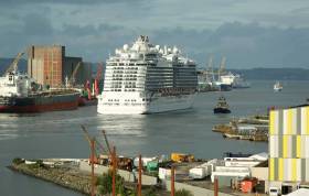 Royal Princess which featured in the ITV series &#039;The Cruise&#039; is as Afloat adds is seen above in Belfast Harbour which is expected to welcome 117 cruise calls this year.  In the immediate foreground to the right can be partially seen the Titanic Studies.