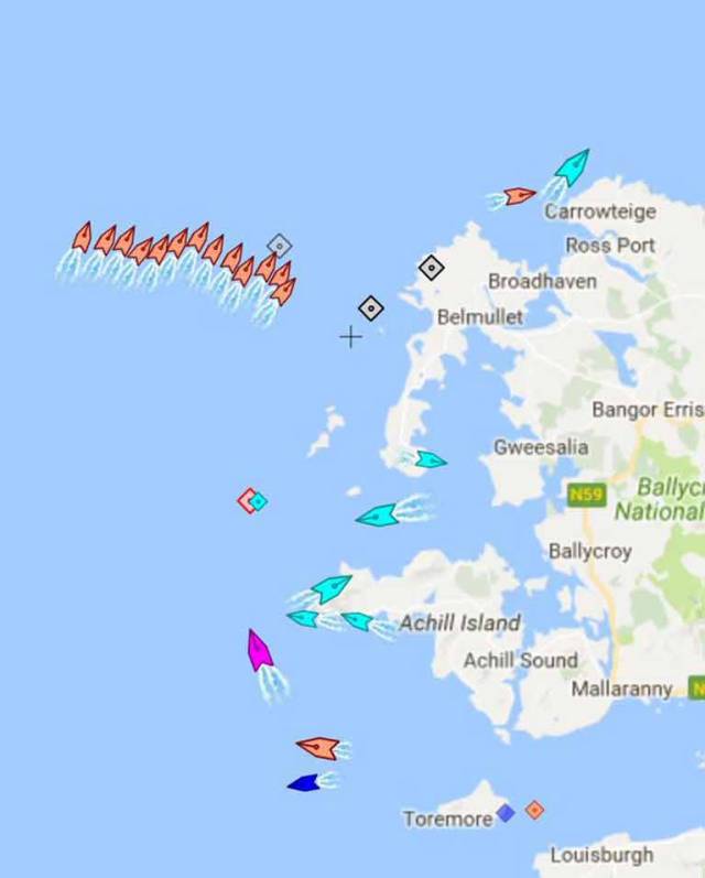 A screen grab showing boats involved in this morning's #R116 search off the Mayo coast
