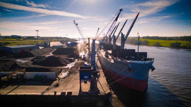 A record turnover of £10m was achieved at Foyle Port during 2018/19. Above: Afloat adds is the bulk-carrier Clover Colossus berthed at Lisahally, the port's main terminal located downriver of Derry city. 