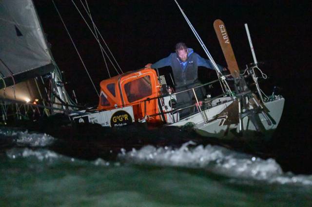 Mark Slats arriving off Les Sables d'Olonne to take 2nd place in the 2018 Golden Globe Race last night