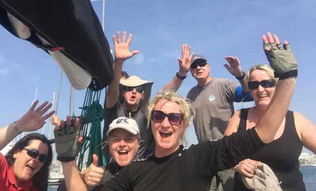Peter Hall's Adelie crew celebrate Salt Race success in Spain