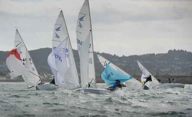 A sudden gust at the gybe mark hits the World Championship Flying Fifteen fleet in today's second race on Dublin Bay