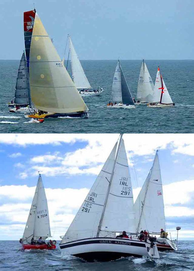 Two contrasting images reflecting the wide-ranging activities of Wicklow Sailing Club. Above, the Volvo 70 Monster Project, line honours winner in the 2014 Round Ireland Race while under charter to WSC member David Ryan, comes roaring in to the start at a real rate of knots while (below) life returns to normal with the weekly summer’s evening race for local cruisers.