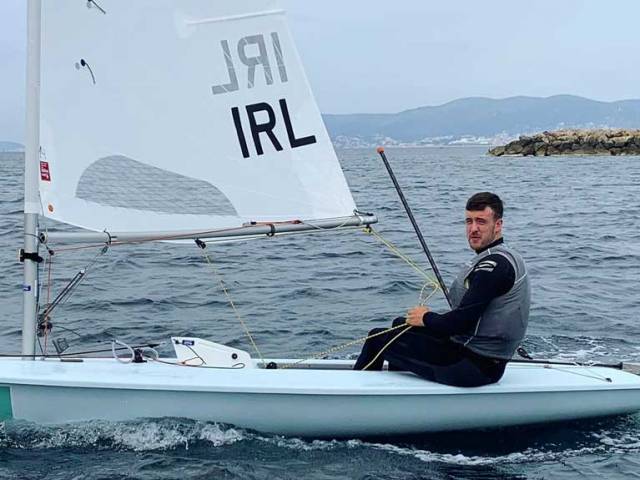 Finn Lynch in his new Laser dinghy in Palma. The Rio veteran is currently second overall in his 187-boat fleet