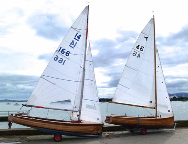 New boats to a classic design. On the waterfront at Clontarf, the IDRA 14 Wicked Sadie (left) and the Waldringfield Dragonfly Phoenix (right) are both 2016-completed to an O’Brien Kennedy design with its origins in 1938
