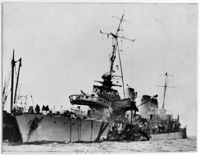 French Destroyer 'Maillé Brézé' afire and sinking at Greenock, Scotland, on 30 April 1940, after the accidental launching of one of her torpedoes