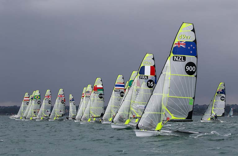 The 78-boat 49er World Championship fleet in Geelong