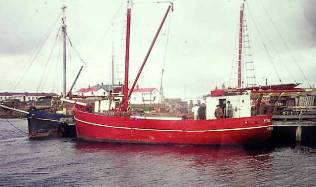 The inter-island communications vessels Ilen (left) and Penelope in the Falkland Islands in 1977. The Irish-designed-and-built Ilen was always reckoned slightly faster than the German-built Penelope, even when Ilen’s skipper and youngest commander, the 16-year-old Stephen Clifton, was still learning the ropes