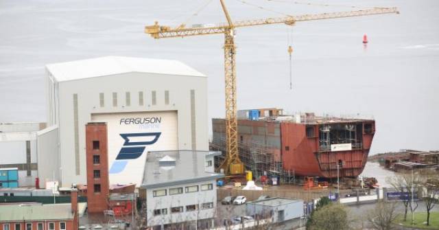 Ferguson Marine, the last commercial shipyard on the Clyde. AFLOAT adds (in this file photo) is newbuild Glen Sannox, the first of a pair of delayed dual-fuel ferries for CalMac to serve the Isle of Arran route and on the Uig Triangle. 