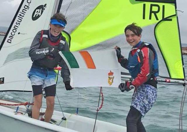 Tim Norwood and Finn Cleary pictured at the RS Feva Europeans in Weymouth last month, where they came fourth in the Silver fleet