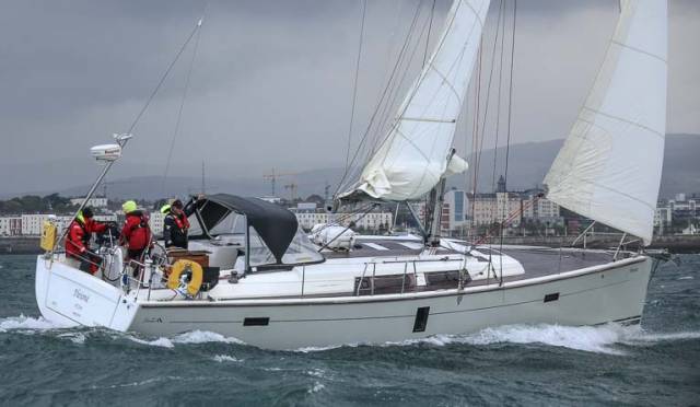 The new Hanse 445. Derek Matthews Pleoine of Dee, ECHO overall winner in today’s ISORA Holyhead-Dun Laoghaire race, is the first of this marque in local waters.