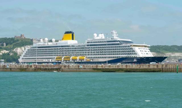Saga Cruises first custom-built cruiseship, Spirit of Discovery docked at the UK's busiest ferryport, Dover, where the newbuild departed from the Kent port last week on a maiden cruise of the UK and Ireland including today's first visit to Dublin Port. 