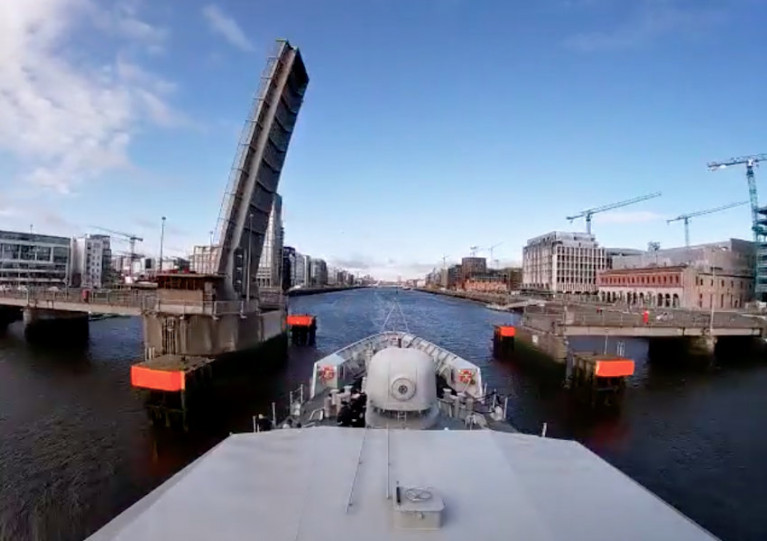 LÉ Samuel Beckett about to pass the East-Link/Tom Clarke Bridge into Dublin this morning