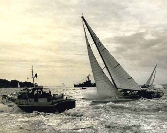 Gordon Ingate’s Robert Clark-designed classic Caprice of Huon slicing through Cowes Roads to win the Britannia Cup in Cowes Week 1965, when she also won the New York Yacht Club Cup, and the RORC Channel Race overall.