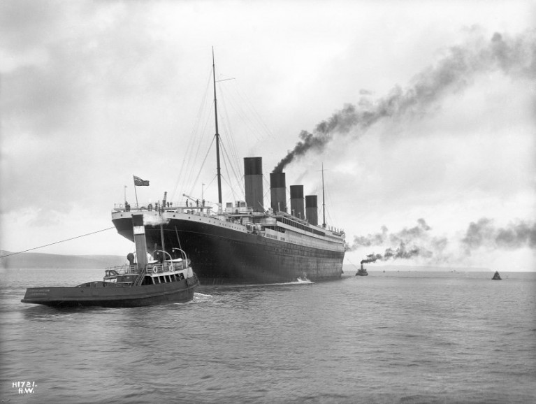 RMS Titanic leaving Belfast for sea trials on 2 April 1912