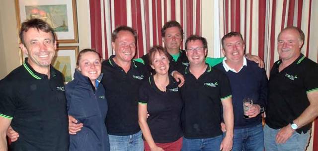 Vicky Cox and Peter Dunlop (with spectacles) in the midst of Mojito’s crew in the National YC after winning the ISORA Championship 2017