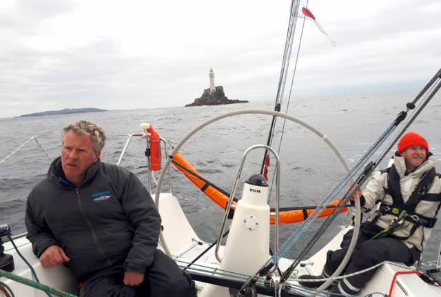 Now how on earth did they do that? Noel Butler helms the J/109 Outrajeous through the light spots after passing the Fastnet Rock while skipper Johnny Murphy ponders his options on how to get back into battle with the Shanahan family, who have just made a swift move to get ahead with sister-ship Ruth.