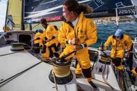 On deck with the hard-working crew of Turn The Tide on Plastic — among them Annalise Murphy — at the Leg 1 start in Alicante
