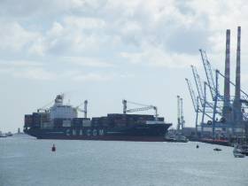 Nicolas Delmas (2,207 TEU) is one of the largest ever containerships to dock in Dublin and is seen departing Peel Port&#039;s operated MTL Terminal, Ringsend 