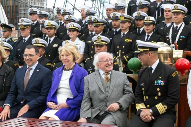 Visiting the Mexican Navy’s tall ship, the Cuauhtémoc, was President of Ireland, Michael D. Higgins accompanied by his wife Sabina, on the first day of the ship’s five-day visit to Dublin. Pictured are Ambassador of Mexico to Ireland, H.E. Miguel Malfavón, Sabina Higgins, Michael D. Higgins and Commanding Officer Captain Carlos Gorraez Meraz