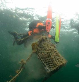 During operation “Stone and Pots”, a team of six expert technical divers joined by cameramen and biologists, recovered 57 lost lobster pots