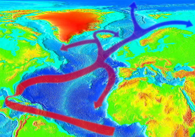 Evolution of the Gulf Stream to the west of Ireland continuing as the North Atlantic Drift