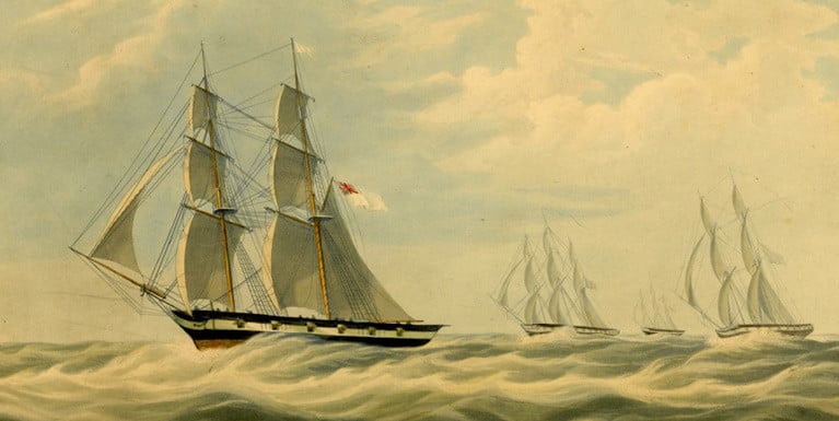 The Earl of Belfast’s brig-rigged superyacht Waterwitch successfully working up to windward of the Royal Navy’s crack Channel Squadron in an offshore sailing test in 1834