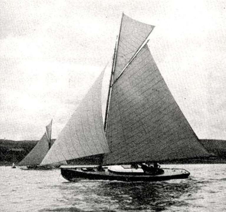 Vilia in 1910, as designed by amateur naval architect Vincent Craig with gaff sloop rig. In 1991 under a gaff yawl rig, she was one of the smallest participants in the Tall Ships race from Cork to Belfast