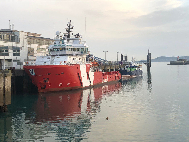 Of the trio of red-hulled survey and rescue ships that called to Dun Laoghaire within weeks, was Vos Endurance, an Emergency Response & Rescue Vessel (ERRV) berthed at St. Michaels Pier. Astern of the ship the fishing trawler Magan D as Afloat reported last month.. 