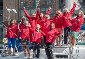 Yachtswoman Tracy Edwards reunites with the ‘Maiden’ crew to celebrate ahead of the 30th anniversary since they became the first all-female team to sail around the world. Dun Laoghaire sailor Angela Heath is pictured right in front row