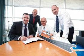 Signing on the dotted line for Dublin Port’s new Pilot Boat were: Michael McKenna, Harbour Master, Dublin Port Company, Eamonn O’Reilly, Chief Executive, Dublin Port Company, Alan Goodchild, MD, Goodchild Marine, Steve Pierce, General Manager, Goodchild Marine. 