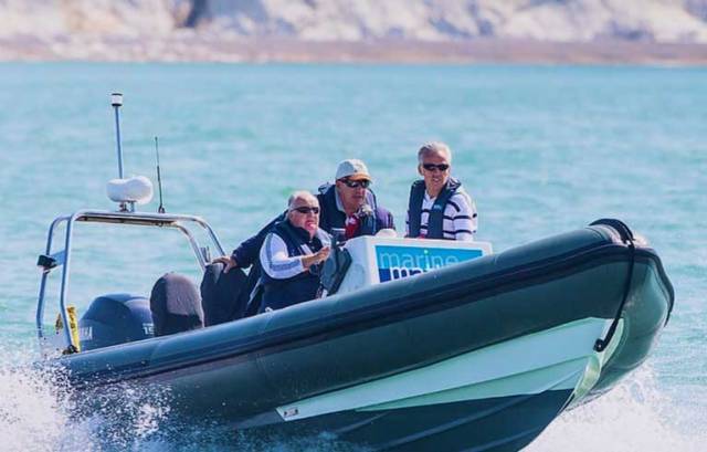 The public face of Fintan Cairns – at the helm (left) of the ICRA Support RIB with Barry Rose and Mike Broughton during the Anthony O’Leary-led 2014 re-taking of the Commodore’s Cup